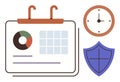 Calendar with Pie Chart, Wall Clock, and Shield Icon Time Management and Data Security Royalty Free Stock Photo