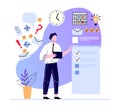 Time management, scheduling work tasks. Man creating to do list, sending messages. Office worker organizing schedule Royalty Free Stock Photo
