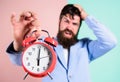 Time management skills. How much time left till deadline. Time to work. Man bearded stressful businessman hold clock Royalty Free Stock Photo