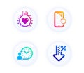 Time management, Smartphone recovery and Love icons set. Low percent sign. Work time, Phone repair, Heart. Vector
