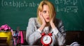 Time management. teacher with alarm clock at blackboard. Time. Study and education. Modern school. Knowledge day. School Royalty Free Stock Photo