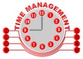 Time management thema with glock face and business icons, gray and red design on white background.