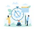 Time management, tiny people control progress of work with timer, pencil and calendar