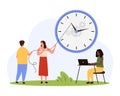 Time management, tiny people moving clock back to meet deadline, pulling arrow with rope