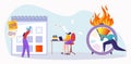 Time management to business deadline, vector illustration, flat tiny man character stop time at burning clock, woman