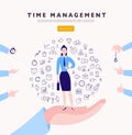 Time management. Vector flat minimalistic concept with businesslady stand, isolated planning organizing icons & human hands. Line