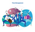 Time management vector illustration. Man try to be in time everywhere. Sleep, meeting, business, work or eating. Busy symbols. Royalty Free Stock Photo