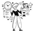 Time management vector outline illustration, worker planning deadline and prioritize tasks, business productiveness agenda, zero