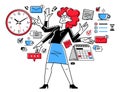 Time management vector outline illustration, worker planning deadline and prioritize tasks, business productiveness agenda, zero
