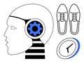Human Head with Gear, Clock, and Shoes Technology, Time Management, and Mobility Royalty Free Stock Photo