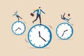 Time management, work schedule and deadline or productivity and efficiency work concept, businessmen riding rolling clock face