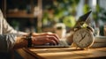 Time Management: Working on Laptop with Alarm Clock on Desk Royalty Free Stock Photo