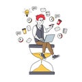 Time Management, Working Productivity, Multi-Tasking. Tiny Businessman Character Sitting on Huge Hourglass with Laptop Royalty Free Stock Photo