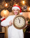 Time management. xmas mood. Woman wi clock. happy new year. christmas preparation. winter holidays. Its time for