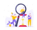 Time managemet business concept metaphor. Tiny persons with megaphone and magnifying glass. Royalty Free Stock Photo