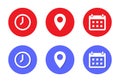 Time, map pin, and calendar icon vector in flat style. Clock, location, and date sign symbol