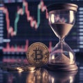 Time is money. Bitcoin and hourglass on the background of the stock exchange. Royalty Free Stock Photo