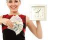 Time is money - businesswoman cheerful holding clock and cash in