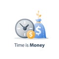 Time is money, clock and bag, fast loan, quick credit, payment period, savings account, financial benefit