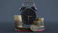 time is money concept, black alarm clock and dollar coins on pedestal, Royalty Free Stock Photo