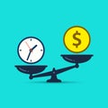 Time is money concept. Clok and money symbols on scale. Vector illustration Royalty Free Stock Photo