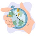 Time is money concept with coins stack and stopwatch in human hand. Quick loan. Timer and finance