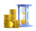 Time is money concept. 3D illustration of hourglass and stack of gold dollar coins, isolated on white.