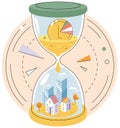 Time is money concept with gold coin turns into real estate in hourglass. Quick loan and finance