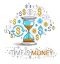 Time is money concept, hourglass and dollar icons set, sand watch timer deadline allegory. Royalty Free Stock Photo