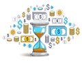 Time is money concept, hourglass and dollar icons set, sand watch timer deadline allegory. Royalty Free Stock Photo
