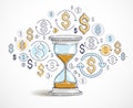 Time is money concept, hourglass and dollar icons set, sand watch timer deadline allegory. Royalty Free Stock Photo