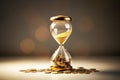 Time is money concept. Hourglass with gold coins on dark background, Time is money concept with hourglass and gold coins on white