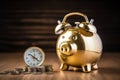 Time is money concept. Piggy bank shaped clock. Investing early concept, Generation wealth, retiremen pension plan