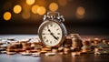 Time is money concept with stack of coins and vintage alarm clock Royalty Free Stock Photo