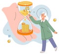 Time is money concept with woman holding coins standing at hourglass. Quick loan, bank deposit