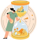 Time is money concept with woman holding coins standing at hourglass. Quick loan. Timer and finance