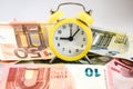 Time is money. European estimate of your time. Evro, alarm clock, and European paper money, on a white background. Business