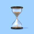Time is money, hourglass with falling gold coins isolated on blue background. Glass clock, finance success, patience Royalty Free Stock Photo