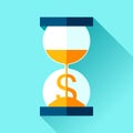 Time is money. Hourglass and $ icons in flat style, sandglass timer on color background. Vector design