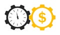 Time is money. Icon with clock and cog. Logo of wage and superannuation. Circles with hours and gear. Cash dollars after work. Royalty Free Stock Photo