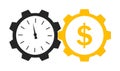 Time is money. Icon with clock and cog. Logo of wage and superannuation. Circles with hours and gear. Cash dollars after work.