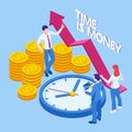 Time is money isometric concept. Business financial ideas, alarm clock and stack of coin. Time management planning Royalty Free Stock Photo