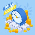 Time is money isometric concept. Business financial ideas, alarm clock and stack of coin. Time management planning Royalty Free Stock Photo