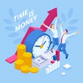 Time is money isometric concept. Business financial ideas, alarm clock and stack of coin. Time management planning Royalty Free Stock Photo