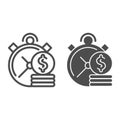 Time is money line and glyph icon. Clock and coins vector illustration isolated on white. Investment time outline style