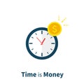 Time is Money, long term investment, financial planning, finance strategy, payment deadline, time management. Flat
