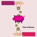 Time is money piggy bank. Flat design