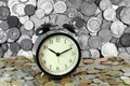 Time is money. Retro clock and coins. Financial background. Economic concept