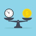 Time and money on scale time versus money clock coin of dollar. Flat design EPS 10