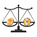 Time and money on scales as business concept of life choice. Symbol of financial success and stress from work disbalance, metaphor Royalty Free Stock Photo